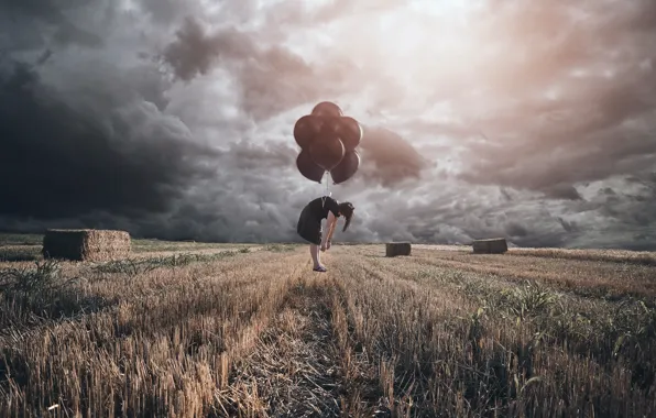 Picture field, girl, clouds, balls, hay