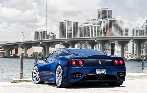 Picture blue, bridge, the city, Ferrari, Ferrari, 360, skyscrapers, blue
