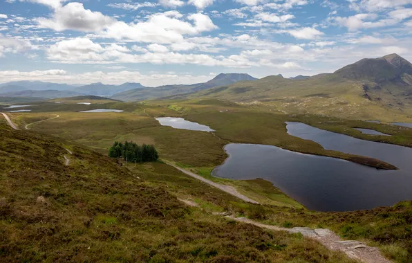 Clouds, mountains, lake, shore, dal, path, pond