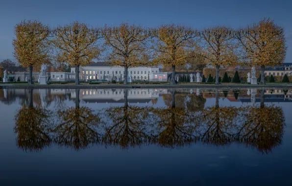 Autumn, trees, pond, reflection, Germany, garden, statues, Germany