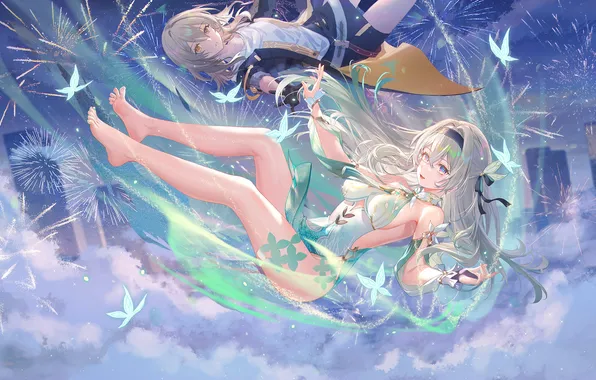 The sky, butterfly, night, girls, home, fireworks, firefly, honkai: star rail