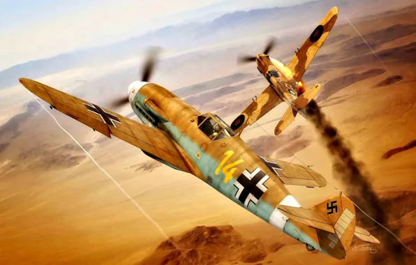 Picture Smoke, Desert, The second World war, North Africa, P-40 Tomahawk, Bf.109F-4/trop, I./JG27, "Star Of Africa"