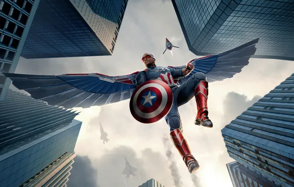Costume, shield, poster, skyscrapers, comic, Captain America, Captain America, MARVEL