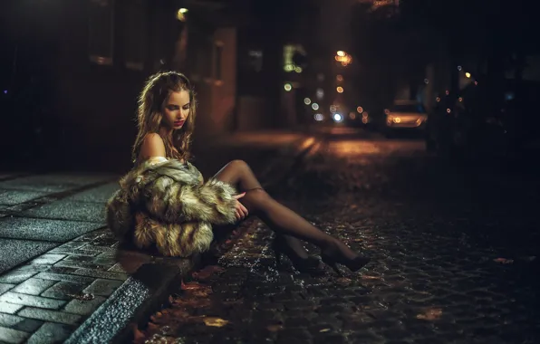 Girl, street, stockings, coat, girl, brown hair, legs, model