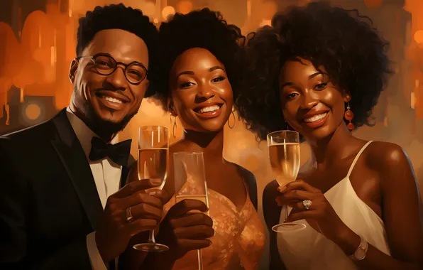 Girls, Glasses, Smile, Christmas, New year, Guy, Joy, Three