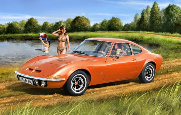 Grass, Lake, Forest, Germany, Opel GT, Dirt road