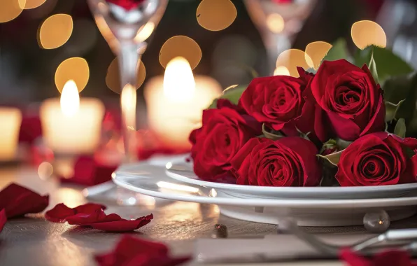 Flowers, lights, table, holiday, wine, roses, bouquet, petals