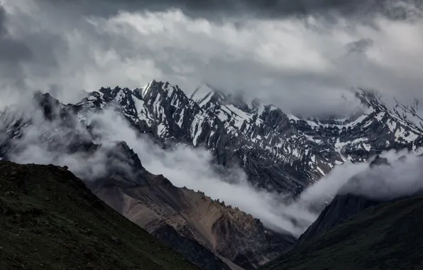 Picture the sky, snow, mountains, clouds, nature, fog, rocks