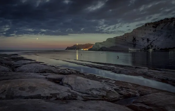 Picture sea, lights, rocks, the evening, Italy, Sicily, Realmonte