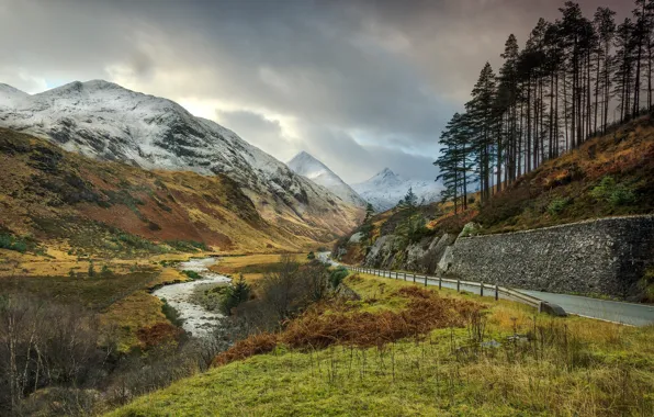Picture road, clouds, trees, mountains, river, Scotland
