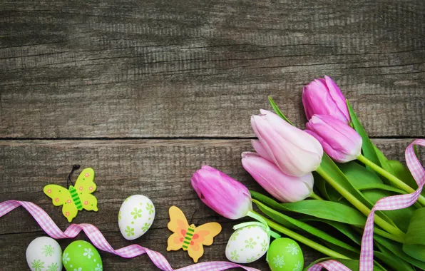 Flowers, eggs, colorful, Easter, tulips, wood, pink, flowers