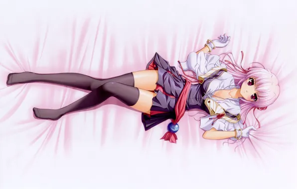 Bed, lies, gloves, bracelet, mini skirt, black stockings, visual novel, Estel Freesia