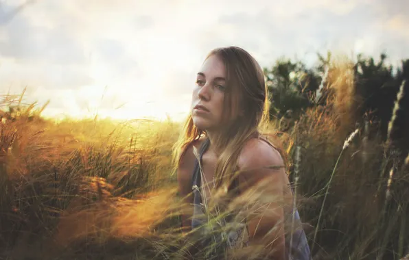 Picture field, the sky, grass, girl, clouds, sunlight