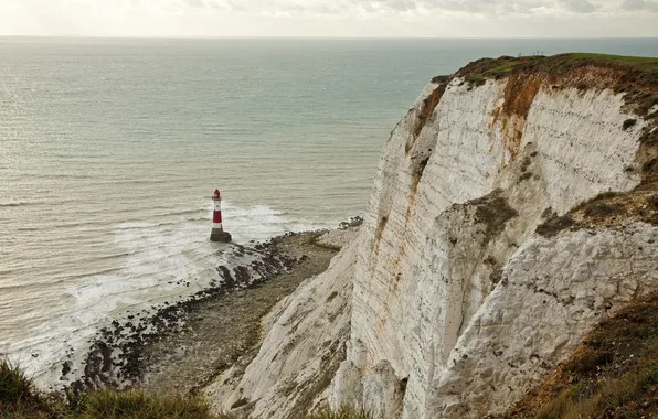 Sea, rocks, UK, Eastbourne, Beachy Head Lighthouse