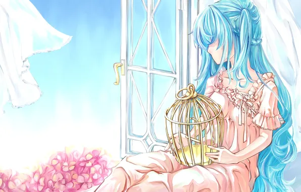 Picture girl, flowers, the wind, cell, window, art, curtains, vocaloid