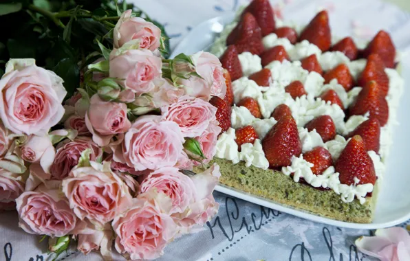 Picture Strawberry, Bouquet, Roses, Strawberry, Cake, Cake, Bouquet, Pink roses