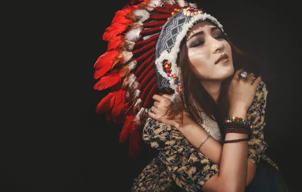 Girl, face, style, hair, feathers, hands, beauty, jewelry