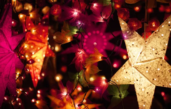 Winter, decoration, lights, star, New Year, Christmas, the scenery, garland