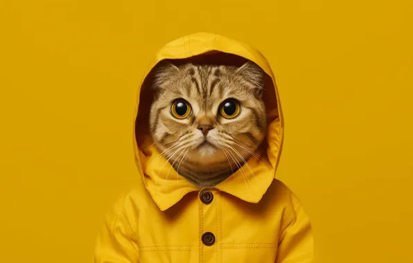 Cat, cat, look, yellow, grey, portrait, hood, buttons