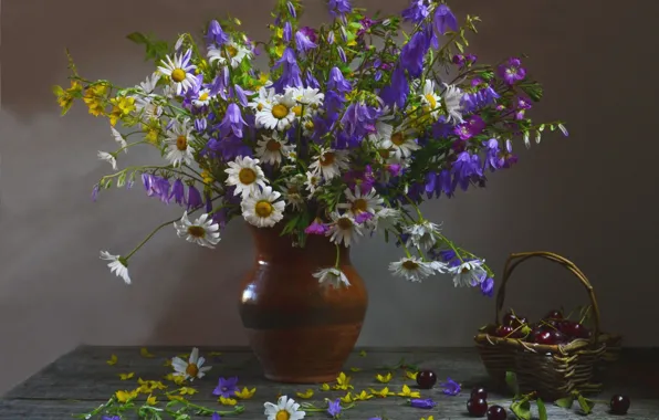 Picture summer, flowers, cherry, chamomile, bouquet, basket