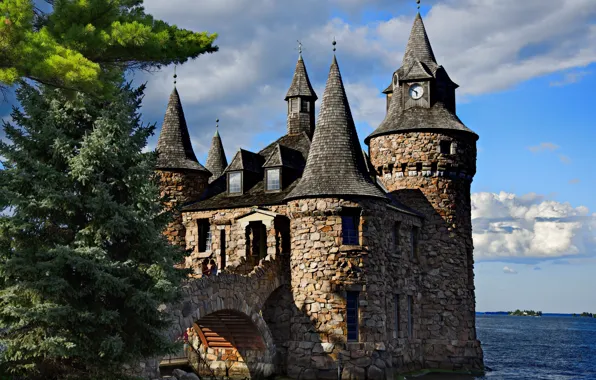 Trees, landscape, river, castle, island, tower, ate, Boldt Castle