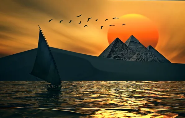 Picture the sun, birds, sailboat, pyramid, digital art work, PYRAMIDS MAGIC