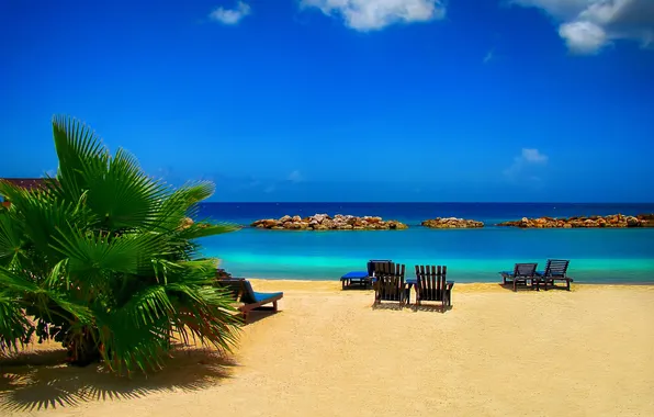 Tropics, Palma, stay, tourism, sun loungers, blue sky, sandy beach, turquoise water
