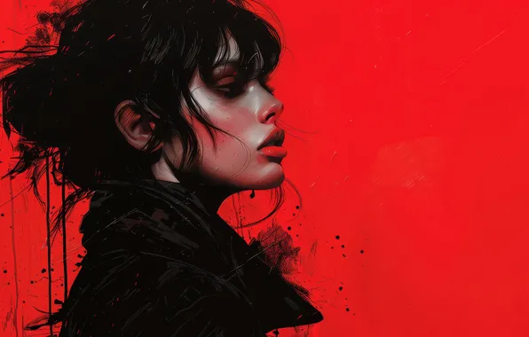 Picture red, women, painting, black hair, illustration, AI art