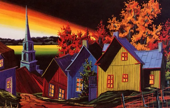 Picture autumn, the sky, sunset, picture, house, town