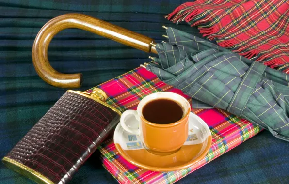 Picture umbrella, background, coffee, scarf, owner, Cup, flask, notebook