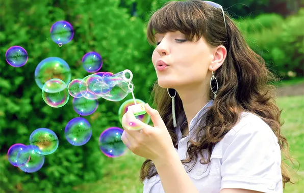 Girl, earrings, bubbles, brown hair, bokeh