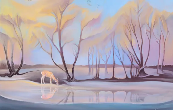 Trees, birds, lake, fawn, painted landscape