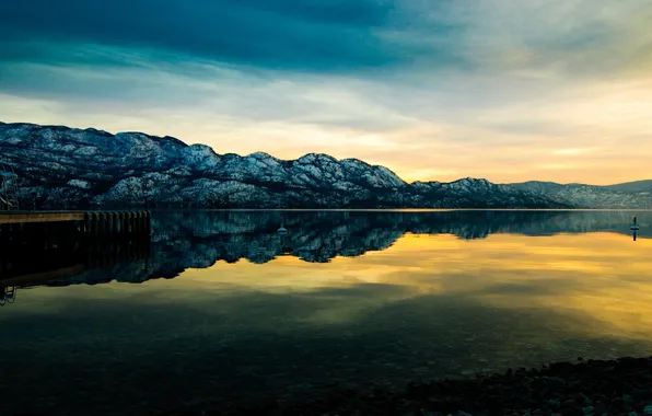 Picture the sky, sunset, mountains, nature, lake, shore, pier, pierce