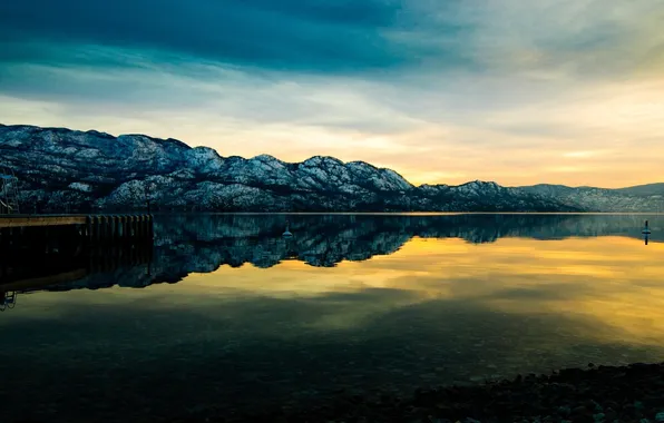 The sky, sunset, mountains, nature, lake, shore, pier, pierce