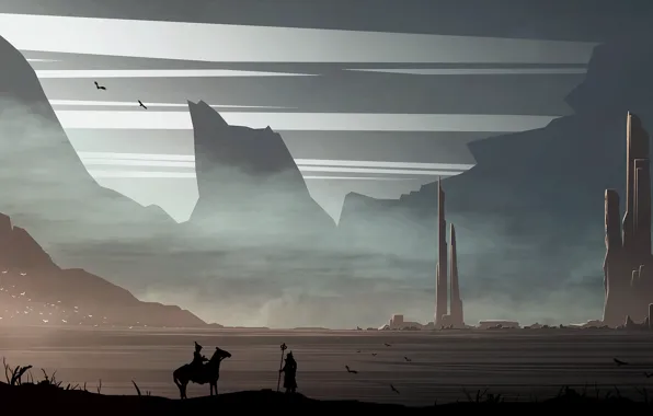 Mountains, birds, rider, traveler, City of Eternity