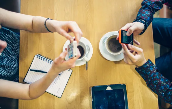 Coffee, tablet, communication, mobile phone