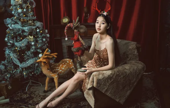 Look, girl, pose, the dark background, room, feet, toy, chair