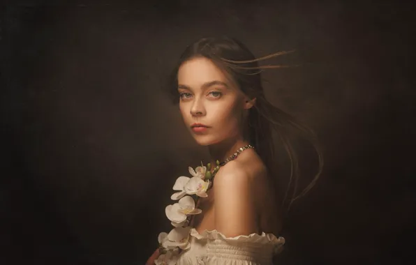 Picture look, girl, flowers, face, the dark background, portrait, dress, shoulders