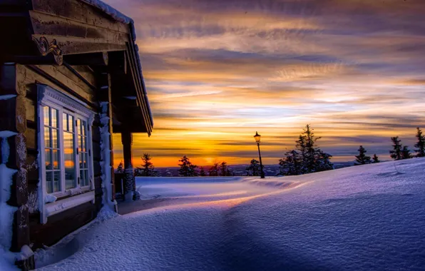 Winter, snow, sunset, house, the evening, frost, Norway