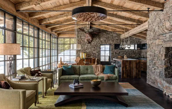 Picture trees, stones, interior, kitchen, living room, dining room, Run-A-Muck Cabin
