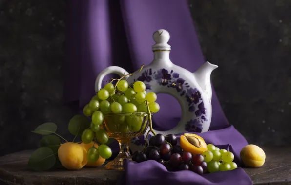 Leaves, the dark background, table, kettle, grapes, fabric, pitcher, fruit