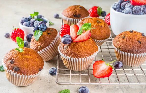 Berries, cupcakes, powdered sugar, snacks