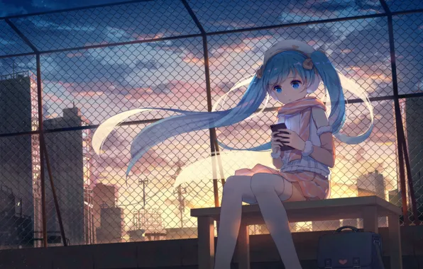 Sunset, Mesh, Girl, Hatsune Miku, Vocaloid, Vocaloid, Hatsune Miku, yue yue