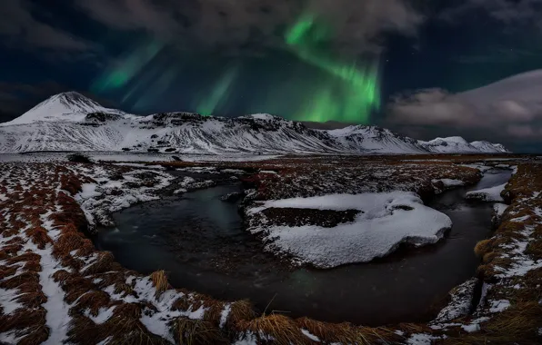 Picture winter, mountains, night, Northern lights, Iceland