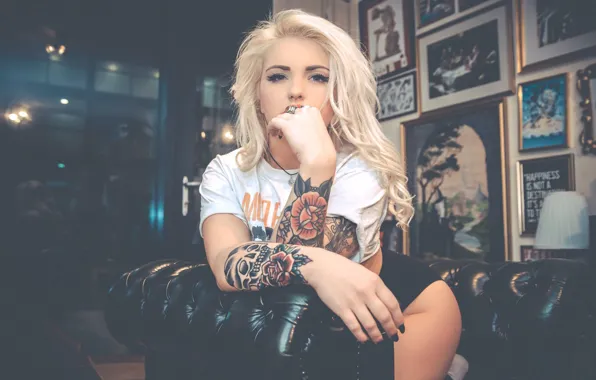 Girl, chair, t-shirt, blonde, girl, tattoo, model, tattoo