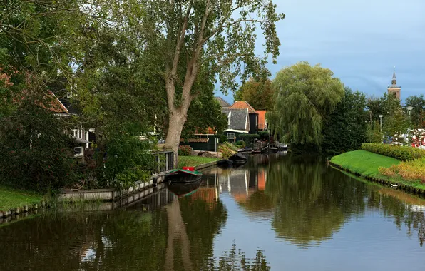 Trees, home, boats, river, Netherlands, Alkmaar, The Ripe