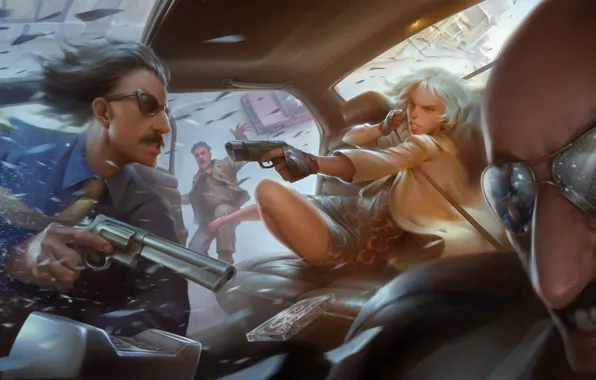 Girl, gun, Charlize Theron, art, glasses, the bandits, gang, killer