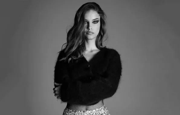 Girl, face, photo, model, hair, makeup, lips, black and white