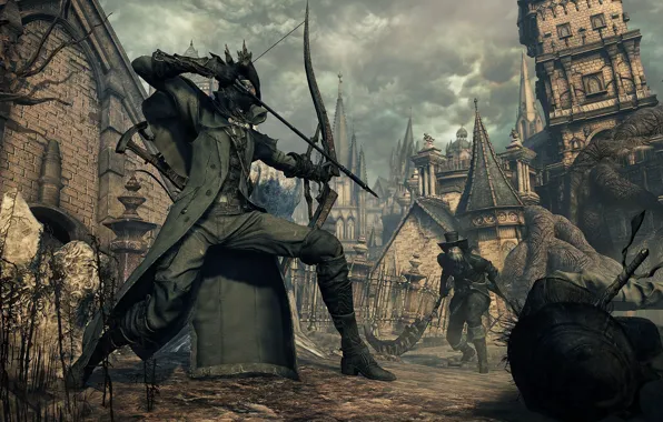 Picture the city, bow, fortress, hunter, Bloodborne