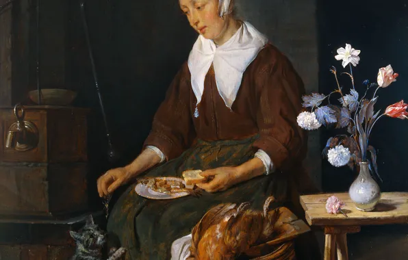 Tree, oil, picture, genre, Gabriel Metso, Breakfast Cat, Woman Eats